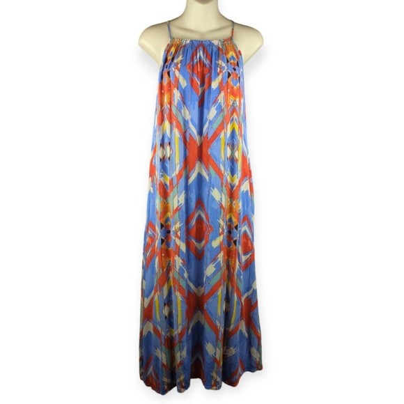 C&C California Boho Gauze Colorful Maxi Midi Dress Blue Ikat Abstract Swing S - Picture 1 of 6